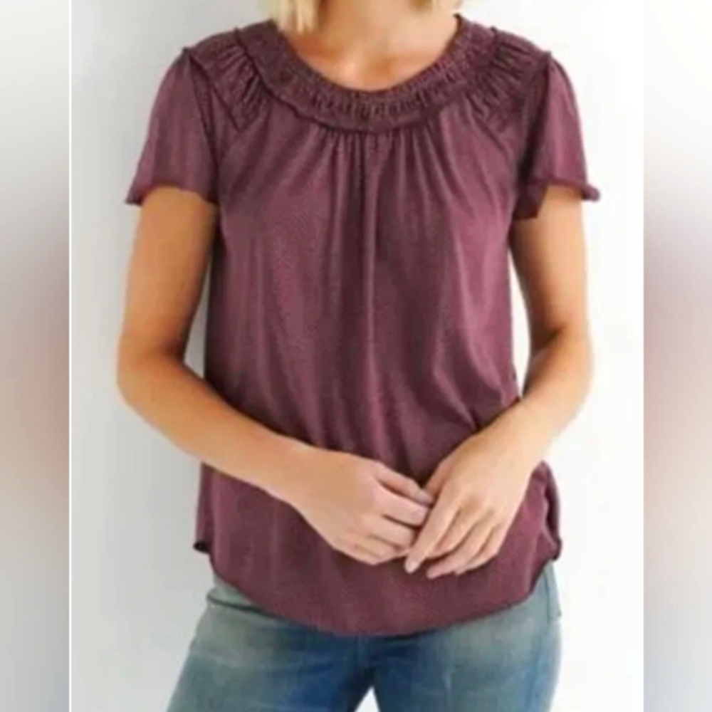 Lucky Brand Top, Size M, Wine with Tan Dots, Short Sleeves, Elastic Neck